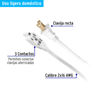 Extensión eléctrica doméstica 5 m clavija recta, blanca
